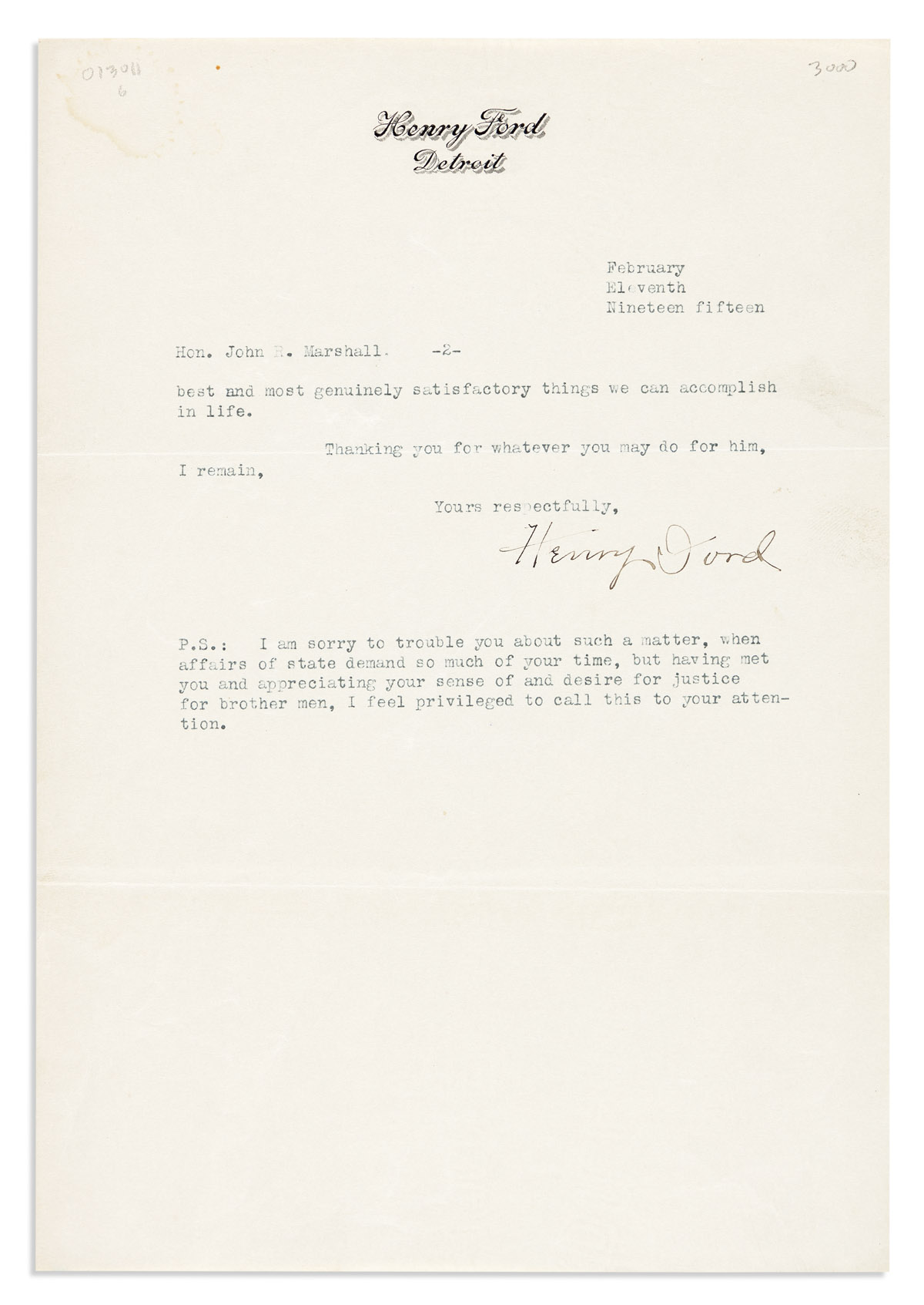 (BUSINESS.) FORD, HENRY. Typed Letter Signed, to U.S. Vice President Thomas R. Marshall (John [sic] R. Marshall),